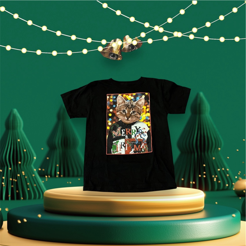 Kids Cat Wearing A Merrry Christmas Sweater T-Shirt Size L